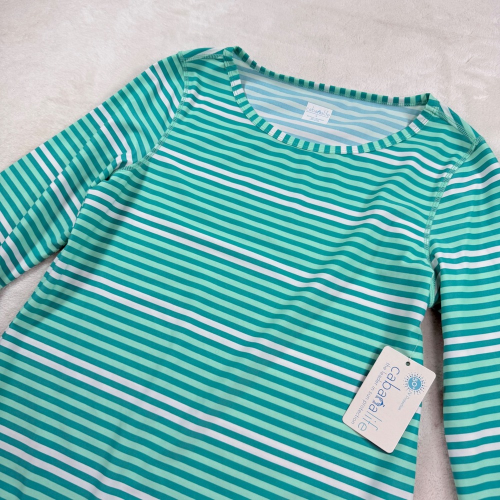 Cabana Life Monaco Blu Stripe Dress Womens Medium Teal White UPF 50+ Sun 495-MB6